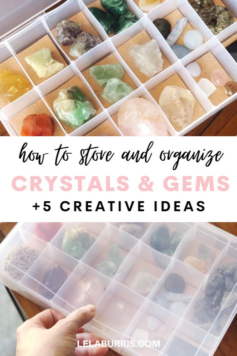 crystal storage organizer container DIY Organize Crystal Collection, Ways To Organize Crystals, Gemstones Display Ideas, Ways To Store Crystals, Ideas For Displaying Crystals, Display Gemstones Rock Collection, Storage For Crystals, Displaying Crystals And Stones, Display Crystals And Stones In The Home