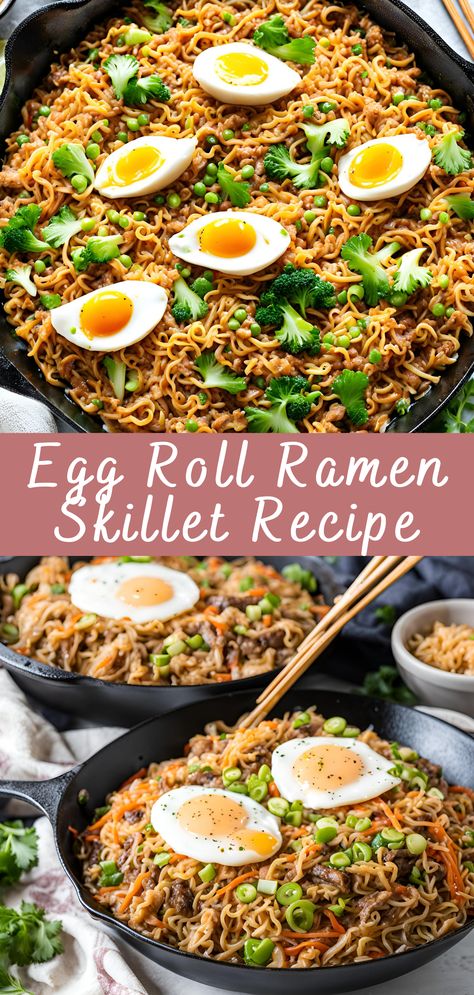 Egg Roll Ramen Skillet Recipe | Cheff Recipes Ramen And Egg, Egg Roll Ramen Skillet, Egg Roll Ramen, Ramen Skillet, Ramen With Egg, Ramen Egg Recipe, Vegetarian Egg Rolls, Chinese Egg Rolls, Shrimp Egg Rolls