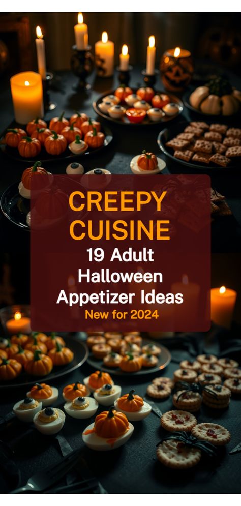 Halloween appetizers for adults Halloween Themed Food Appetizer, Adult Halloween Party Appetizers, Adult Halloween Appetizers, Spooky Halloween Appetizers For Party, Hosting A Halloween Party For Adults, Adult Halloween Food Ideas, Halloween Salads Spooky, Appetizers For Party Adults, Spooky Appetizers For Halloween