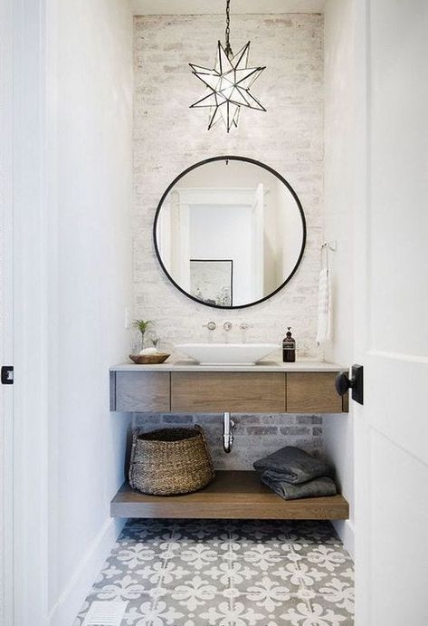 8 Budget-Friendly Powder Room Ideas Diy Cozinha, Floating Wood Vanity, Farmhouse Powder Room, Cement Tile Floor, Powder Room Remodel, Powder Room Decor, Powder Room Design, Modern Farmhouse Bathroom, Room Tiles