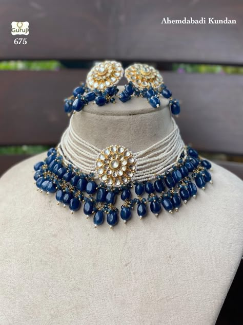 Blue Jewellery Indian, Naan Jewellery, Blue Necklace Indian, Blue Indian Jewelry, Jwellary Unique, Golden Choker, Blue Choker Necklace, Vintage Indian Jewelry, Wedding Jewelry Sets Bridal Jewellery