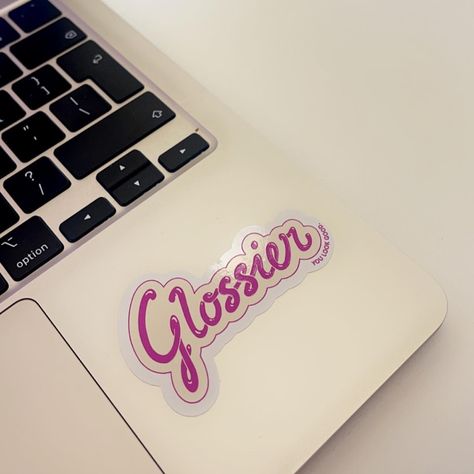 a starlight macbook with a glossier sticker by the trackpad Sticker Laptop Aesthetic, Glossier You Look Good, Aesthetic Glossier, Uni Vibes, Macbook Aesthetic, Glossier Girl, Laptop Aesthetic, Glossier You, School Aesthetic