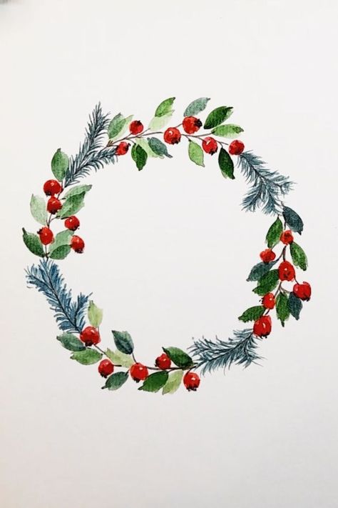 Easy Watercolor Holiday Wreath. Watercolor painting. Step By Step Tutorial. DIY Cards Christmas Card Drawing Ideas, Christmas Wreath Painting, Christmas Card Drawing, Xmas Doodles, Christmas Wreath Watercolor, Illustrated Plants, Card Drawing Ideas, Holly Berry Wreath, Watercolor Holiday Cards