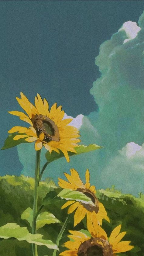 Wallpaper Sunflower Vintage, Sunflower Painting Wallpaper, Sunflower Anime Wallpaper, Sunflower Anime Aesthetic, Sunflower Drawing Wallpaper, Sunflower Painting Aesthetic, Sunflower Aesthetic Drawing, Sunflower Art Aesthetic, Sunflower Painting Van Gogh