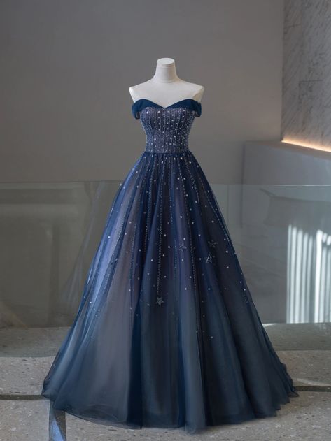 Under The Stars Dress Prom, Night Under The Stars Prom Dresses, Starry Blue Dress, Midnight Blue Gown Debut, Under The Stars Prom Dresses, Midnight Ball Gown, Prom Dress Starry Night, Prom Dress Midnight Blue, A Night Under The Stars Theme Dress