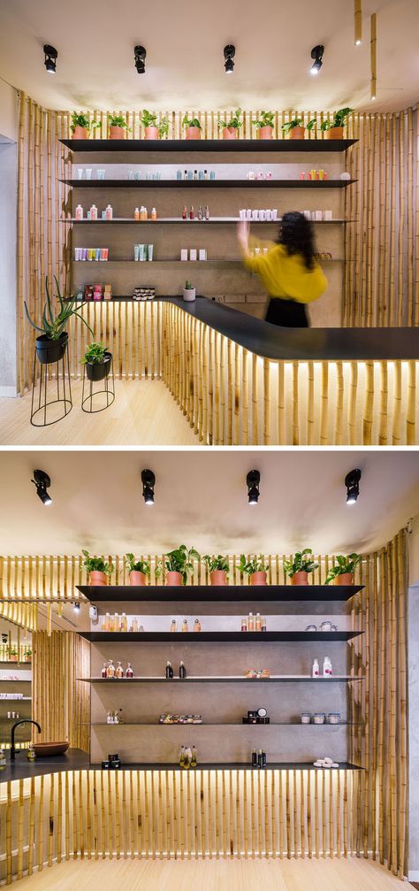 Bamboo Was Used As A Sustainable Decorative Feature At This Spa In Madrid Bamboo Kiosk Design, Bamboo Shop Design, Shop Counter Design Furniture, Bamboo Design Interior, Bamboo Restaurant Design, Bamboo Cafe Design Ideas, Bamboo Decor Interior Design, Bamboo Restaurant Ideas, Bamboo Design Ideas