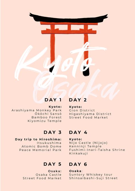 Kyoto & Osaka 6 Day Itinerary Osaka Kyoto Itinerary, Osaka Itinerary 5 Days, Osaka Japan Itinerary, Osaka Bucket List, Japan Itinerary 10 Days, Osaka Itinerary, Osaka Travel, Japan Honeymoon, Tokyo Map