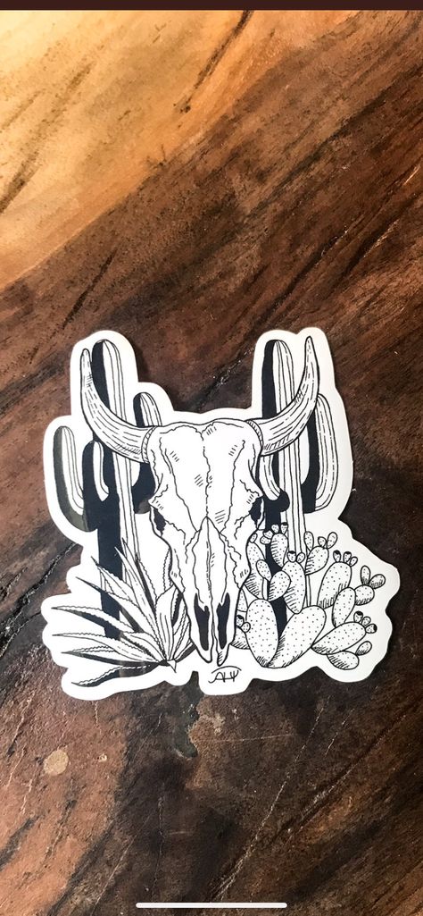 Cow Skull Tattoos, Skull Cactus, Country Tattoos, Western Artwork, Western Tattoos, West Art, Skull Sticker, Spine Tattoos, Cow Skull