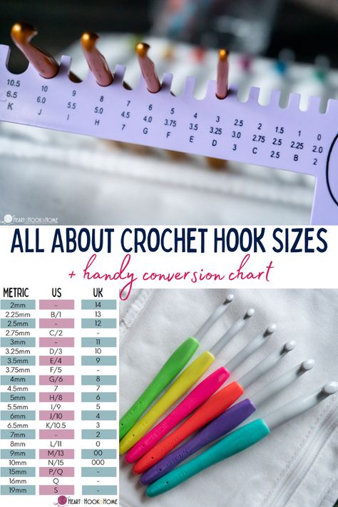 No bones about it, crochet hook sizes are confusing. This article, including a handy crochet hook conversion chart, will help! Crochet Needle Sizes, What Size Crochet Hook To Use, Crochet Hook Display, Crochet Needles Sizes Chart, Crochet Hook Size Chart, Crochet Hook Conversion Chart, Crochet Canvas, Crochet Hook Sizes Chart, Handmade Crochet Hook