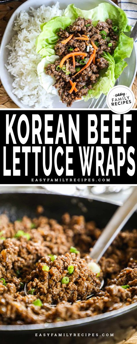 Korean Beef Lettuce Wraps · Easy Family Recipes Korean Beef Lettuce Wraps, Asian Ground Beef, Asian Ground Beef Recipes, Easy Lettuce Wraps, Korean Beef Recipes, Asian Lettuce Wraps, Lettuce Recipes, Lettuce Tacos, Bowl Of Rice