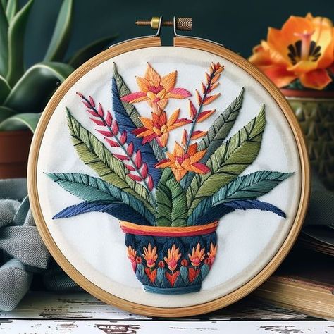 Garden Embroidery Designs, Embroidery Tropical, Nature Embroidery, Plant Embroidery, Hoop Art Wall, Floral Hand Embroidery, Botanical Embroidery, Creative Arts And Crafts, Bird Embroidery