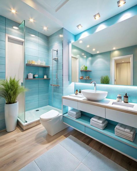 Modern bathroom ideas with soft blue colors #softblue #softcolors #bathroom #washroom #bathroomdesign #bathroomdecor Kids Washroom Ideas, Blue Washroom, Kids Washroom, Aqua Blue Bathroom, Washroom Ideas, Modern Bathroom Ideas, Washroom Design, Blue Bathroom, Soft Colors