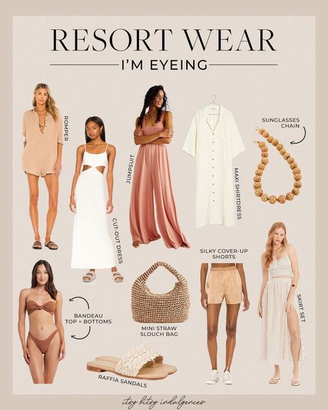 A Swim + Resort Wear Round-Up - Itsy Bitsy Indulgences | #resortwear #womensswimsuits Resort Glam Outfit, Elegant Casual Resort Wear, Resort Style 2023, Trendy Resort Outfits, Resort Chic Attire Outfits, Mexico Business Trip Outfits, Dinner Resort Outfit, Luxury Resort Wear 2023, Resort Dressy Attire