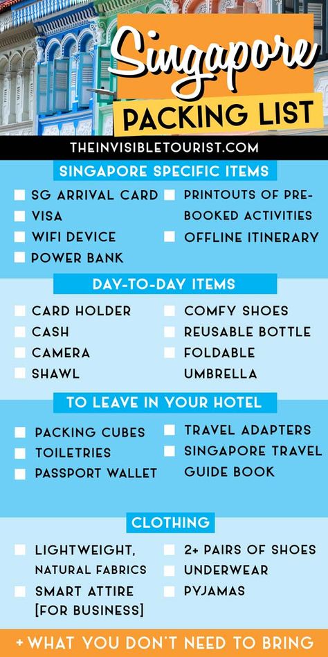 Wondering what to wear in Singapore year round? This detailed Singapore packing list covers items to bring for sightseeing & business. Learn the Singapore travel essentials to make your trip a breeze, what not to wear to "blend in" and what NOT to bring! The Invisible Tourist Singapore Packing List, Singapore Checklist, Singapore Outfit Ideas, Singapore Outfit, Singapore Vacation, Singapore Trip, Singapore Itinerary, Check Lists, What Not To Wear