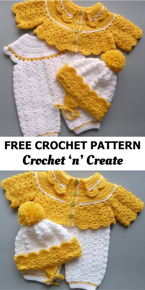 Free crochet pattern - Baby Romper Outfit from crochet 'n' create. Free fast, quick-easy-beginner-friendly! 'Don't forget to save' Crochet Infant Clothes Free Pattern, Crochet Preemie Clothes, Crochet Newborn Onesie, Newborn Boy Crochet Patterns Free, Crochet Layette Set Free Pattern, Free Baby Girl Crochet Patterns, Baby Girl Crochet Ideas, Crochet Romper Baby Free Pattern, Crochet Baby Dress Free Pattern Newborn