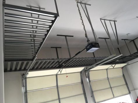 Retractable Garage Ceiling Storage, Garage Ceiling Ideas, Garage Overhead Storage, Overhead Storage Rack, Garage Ceiling Storage, Carport Ideas, Garage Solutions, Garage Ceiling, Building A Workbench