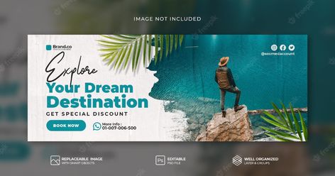 Premium PSD | Traveling social media banner and facebook cover template premium psd Travel Banner Design, Travel Facebook Cover, Canva Facebook Cover, Travelling Social Media Design, Business Banner Design, Travel Banner, Facebook Cover Page Design Social Media, Travel Advertising Design, Website Banner Design