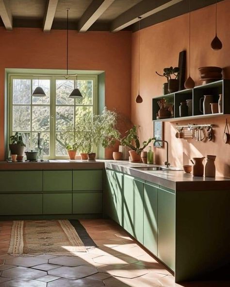 Terracotta Kitchen Walls, Terracotta Interior Design, Earth Tones Kitchen, Mexico Homes, Terracotta Kitchen, Green Kitchen Walls, Natural Wood Kitchen, Sage Green Kitchen, Wallpaper Kitchen