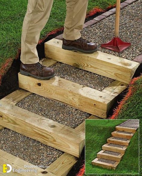 31+ Fantastic Ideas To Make Your Own Steps In Your Garden - Engineering Discoveries Steps For A Sloped Yard, Retaining Walls With Stairs, Wood Retaining Wall, Landscape Stairs, Railroad Ties, Build Your Own Shed, Sloped Backyard, Garden Stairs, Outdoor Steps