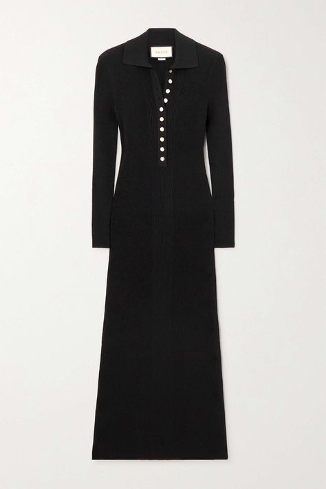 Gucci - Button-embellished Ribbed-knit Midi Dress - Black - XS Net A Porter Gucci Dress, Net A Porter Gucci, Vintage Gucci Dress, Gucci Black Dress, Gucci 2024, Shop Gucci, Dressy Hats, Vintage Dress Design, Ralph Lauren Womens Clothing