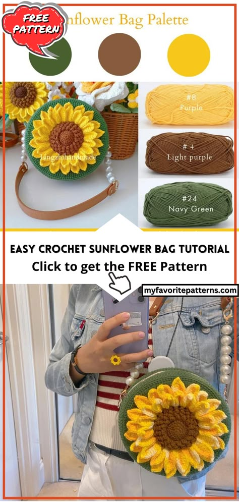 Easy Crochet Sunflower Bag Tutorial Sunflower Crochet Bag Pattern, Sunflower Crochet Bag Tutorial, Sunflower Bag Crochet Pattern Free, Crochet Sunflower Bag Free Pattern, Simple Crochet Bag Pattern Free, Bag Ideas Design, Christmas Bag Ideas, Sunflower Bag Crochet, Sunflower Crochet Bag