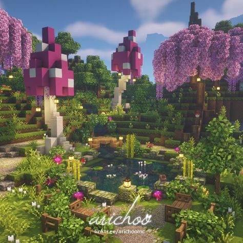 Fairy Village Minecraft House, Fairycore Minecraft Village, Cute Minecraft Aesthetic Builds, Fairy Minecraft House Ideas, Fairy Mushroom Minecraft, Enchanted Village Minecraft, Fairycore Aesthetic Minecraft, Minecraft Ideas Fairycore, Aesthetic Village Minecraft