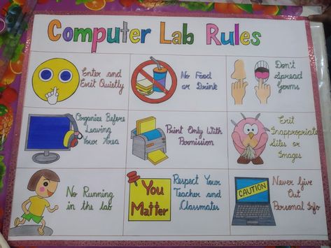 Computer Charts For Lab, Computer Lab Rules Chart, Computer Charts For Classroom, Technology Classroom Decor, Student Behavior Chart, Computer Lab Rules, Computer Craft, Lab Rules, Nature Drawing For Kids