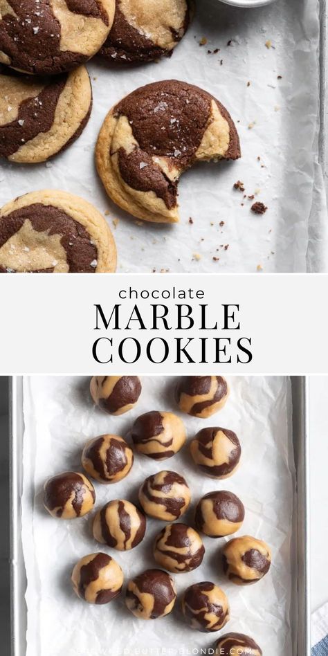 Chocolate Marble Cookies | Browned Butter Blondie | These soft and chewy Chocolate Marble Cookies are equal parts decadent and delicious. A recipe made with just a handful of simple ingredients (and no chill time!) these half cookie/half brownie hybrids are the best of both worlds! Half Brownie Half Cookie, Soft Bake Cookies, Chocolate Marble Cookies, Half And Half Cookies, Chocolate Butter Cookies, Cookie Product Photography, Marbled Cookies, Marble Cookies, Simple Cookies Recipes