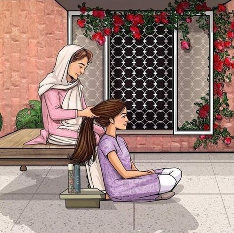 Girl Drawing Cartoon, Mother Daughter Art, Memories Art, Childhood Memories Art, Happy Mothers Day Images, Pakistani Culture, Mothers Day Images, Hijab Cartoon, Cartoon Girl Drawing