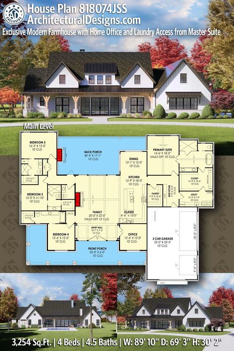 House Plan 818074JSS gives you 3200 square feet of living space with 4 bedrooms and 4.5 baths Three Family, Shed Dormer, 4 Bedroom House Plans, Kitchen And Dining Area, Floor Plan 4 Bedroom, Primary Suite, H Design, Farmhouse Plan, Family House Plans