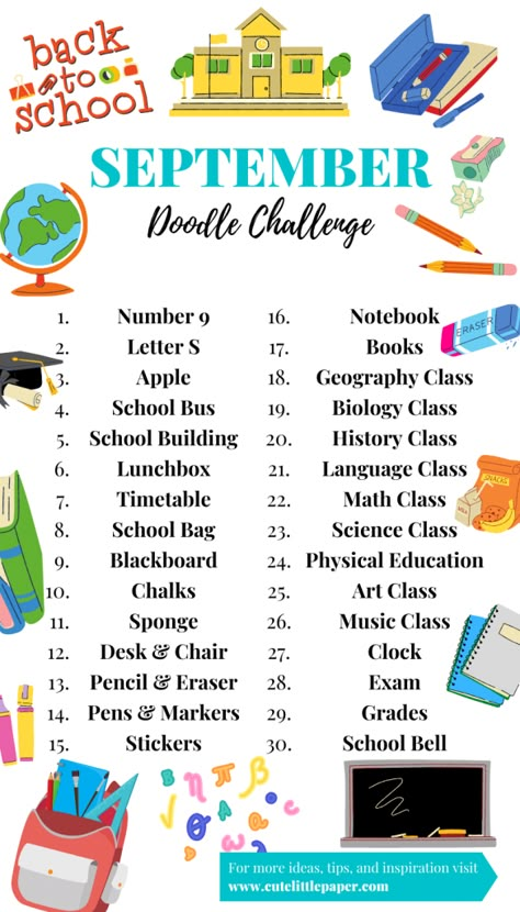 Are you ready to get back to school - at least through doodles, because September's doodle challenge is all about that! Take a look at the list of drawing prompts and have fun! A list of school -themed September doodle ideas for your bullet journal or planner to get inspired and ignite your creativity. (free printable template page included!) #listofdrawingprompts #septemberdoodles #schooldoodles #doodles #bulletjournaldoodles #bujodoodles #doodlechallenge #doodleideas #creativity #drawingprompt Doodle A Day September, September Doodle Challenge, Monthly Doodle Challenge, September Sketchbook Ideas, September Drawing Challenge, September Doodles, September Ideas, Doodle Challenge, 30 Day Art Challenge