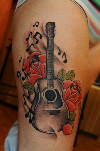 Guitar tattoo Rose Guitar, Purple Flower Tattoos, Guitar Tattoo Design, Music Tattoo Sleeves, Full Hand Tattoo, Dad Tattoo, Art Musical, Guitar Tattoo