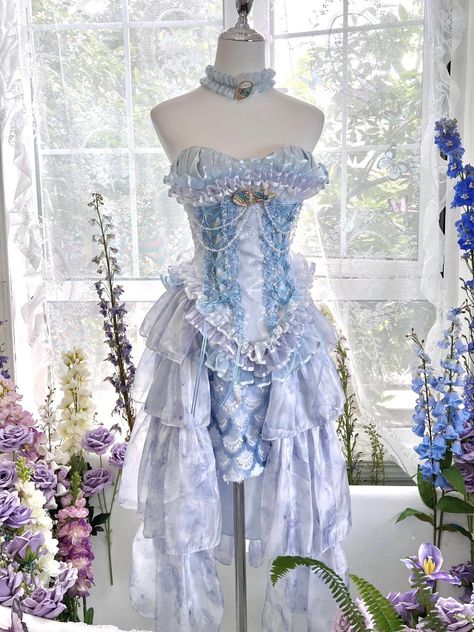 Nutcracker Dresses, 2 Piece Dresses, Water Nymph Outfit, Fish Inspired Dress, Rococo Dresses, Beach Party Costume, Water Aesthetic Outfit, Cute Mermaid Dress, Oc Outfit Ideas Female