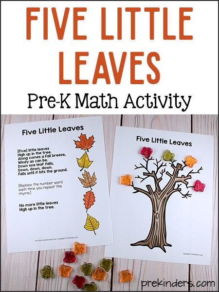 Five Little Leaves Math: Simple Preschool Subtraction Game - PreKinders Fall Leaves Math Activities Preschool, Leaves Literacy Activities Preschool, Leaf Poems For Preschool, Fall Season Activities Preschool, Leaves Preschool Activities, Preschool Leaf Activities, Leaves Activities, Leaf Lesson Plans, Forest Activities