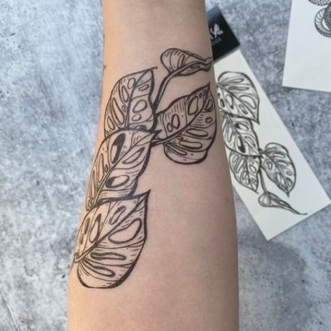 Monsters Leaves Tattoo, Thai Constellation Monstera Tattoo, Monstera Pot Tattoo, Pothos Tattoo Design, Swiss Cheese Monstera Tattoo, Dark Vine Tattoo, Adansonii Tattoo, Prayer Plant Tattoo, Monstera Vine Tattoo