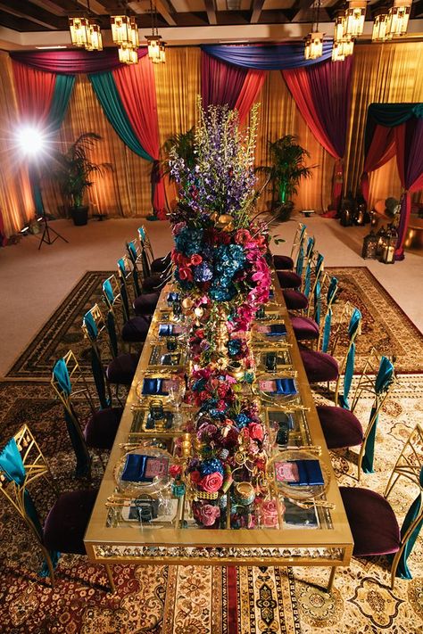 An opulent and over the top reception table inspired by Princess Jasmine.Wedding theme inspiration  #bridesmaiddresses #weddingtips #bridesmaids #Disneywedding Mothers Day Decoration Ideas, Princess Jasmine Wedding, Arabian Nights Wedding Theme, Aladdin Wedding Theme, Arabian Nights Wedding, Aladdin Wedding, Arabian Party, Arabian Nights Theme, Arabian Wedding