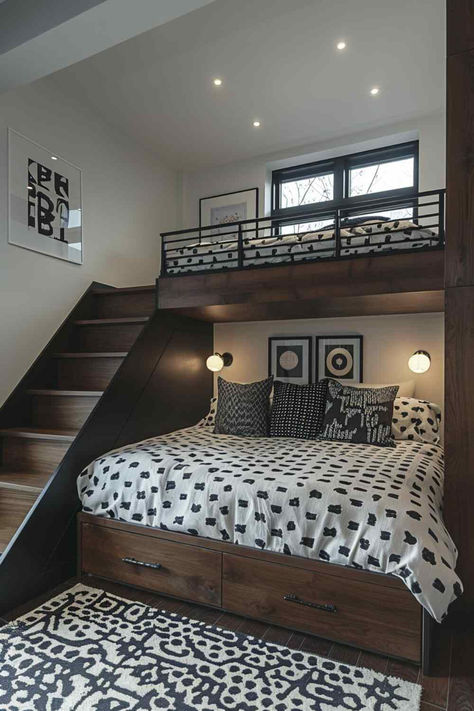 40 Modern Bunk Room Ideas for Contemporary Families Bedrooms With Two Queen Beds, Bunk Room Ideas For Adults, Brothers Shared Bedroom Ideas Bunk Bed, Two Boys Room Ideas, Narrow Guest Room, Bed With Sofa Underneath, Build Bunk Beds Diy, Bunk Bed Built In, Adult Bunk Beds Guest Rooms Small Spaces