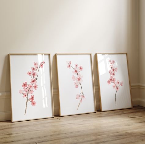 Cherry Blossom Nursery Decor, Cherry Blossom Nursery Theme, Cherry Blossom Artwork, Blush Room Decor, Cherry Blossom Living Room, Cherry Blossom Room Decor, Blush Pink Bathroom Decor, Light Pink Painting, Simple Bedroom Wall Decor