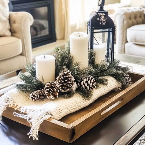 christmas_coffee_table_decor_living_rooms_farmhouse (4) Christmas Table Decorations Farmhouse, Christmas Console Table Decor Ideas, Christmas Decorations For Shelves, Christmas Living Room Table Decor, Farmhouse End Table Decor, Christmas Decor Coffee Table, Farmhouse Christmas Decor Living Room, Rustic Coffee Table Decor, Coffee Table Christmas Decor Ideas