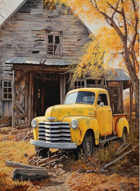 1950 Truck, Old Truck Fall Pictures, Old Truck Paintings, Vintage Truck Fall Pictures, Types Of Lights, Old Farm Truck Painting, Watercolor Old Truck, Old Truck Photography, Yellow Truck