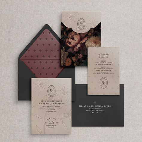 Romantic and tonal hues create a lush ambiance. This invite is perfect for garden or evening settings. Pair it with the colors of your wedding to make it your own!  Our fully customizable wedding suites offer a wide range of inks, paper and printing methods to make this suite truly one of a kind.  Image 3 showcases our full range of Marsupial Paper color options.  Our range of ink options as well as foiling and printing options can be seen on image 4.  The Elsa and Creighton suite AS PICTURED features midnight outer envelope, two-color letterpress, mushroom cardstock for invite, and details, antique gold wax seal, printed mushroom sleeve pouch, black ink, with a merlot liner. This listing is for a SAMPLE ONLY. No customizations are possible on the sample. To order this suite please visit m Black Wedding Invitation Cards, Moody Fall Wedding Invitations, Vineyard Save The Date, Wedding Invitation Suite Ideas, All Black Wedding Invitations, Wedding Invitations 2024, Mushroom Sleeve, Dolomites Wedding, Dark Wedding Invitations