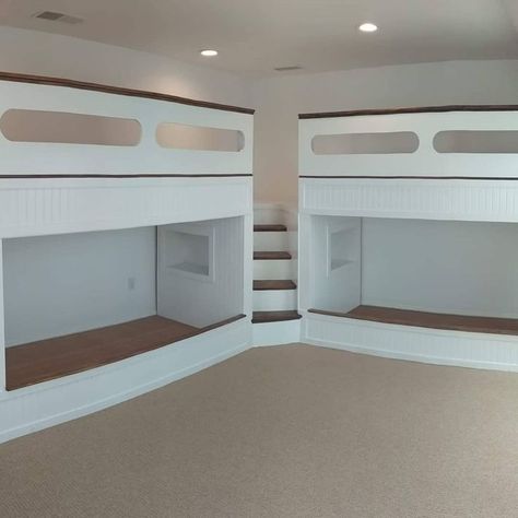 Two Corner Beds, Built In Corner Bunk Beds With Stairs, Corner Bunks Built Ins, 4 Bunk Beds In One Room Small Spaces, 4 Bunk Beds Built Ins Corner, 4 Bunk Beds In One Room Corner, Built In Bunks With Stairs, L Shaped Built In Bunk Beds, L Shaped Bunk Room