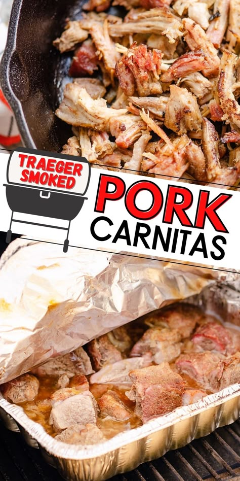 Smoked Pork Carnitas, Pulled Pork Carnitas, Pork Carnitas Tacos, Pork Carnitas Recipe, Traeger Grill Recipes, Smoked Pork Shoulder, Mexican Flavors, Pulled Pork Tacos, Carnitas Recipe