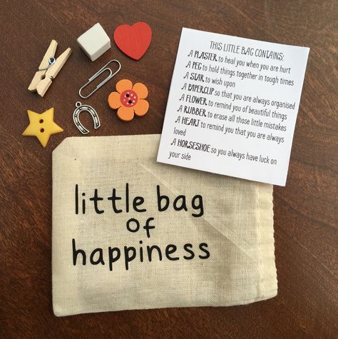 A perfect gift to brighten someone's day. Drawstring bag keepsake gift Bags Of Happiness Ideas, Gift To Cheer Someone Up, Gifts To Cheer Someone Up, Little Bag Of Happiness, Cheer Up Friend Gift, Small Gift Ideas For Friends, Small Gift Ideas, Cheerleading Team Gifts, Handmade Gifts For Friends