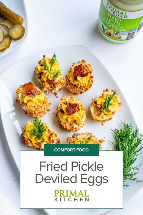 This crunchy texture is the perfect contrast with the creaminess of egg yolks blended with delicious Primal Kitchen mayo, bright dill pickles, and a splash of the briny juice from your pickle jar. Pop your dill pickle deviled eggs on a brunch charcuterie board, serve on Mom’s fancy china, or tuck them into a “snackle box” with nuts, carrot sticks, and ranch dressing for an on-the-go lunch. Fried Dill Pickle Deviled Eggs, Crispy Dill Pickles, Fried Deviled Eggs, Fried Dill Pickles, Deviled Eggs Recipe Easy, Gluten Free Panko, Deviled Eggs Easy, Fried Pickles, Primal Kitchen