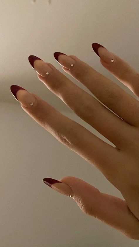 Nails Semi Formal, Dark Red Sparkle Nails Acrylic, Dark Red Nails Sparkle, Dark Red Nails Valentines, Dark Valentine’s Day Nails, Dark Red Nails With Pearls, Dark Red Pearl Nails, Red Tip Nails With Design, Nails For Dark Red Dress