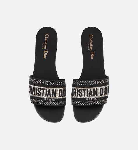 Dway Slide Black Cotton Embroidery with Metallic Thread and Silver-Tone Strass | DIOR Dior Slides, Emoji 2, Christian Dior Couture, Dior Couture, Cotton Embroidery, Metallic Thread, Mule, Slip On Sandal, Black Cotton