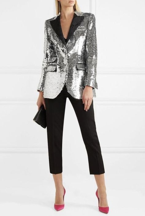 Sequence Blazer Outfits, Silver Blazer Outfit, Sequin Blazer Outfit, Sequence Jacket, Silver Blazer, Ellis Ross, Crepe Blazer, Sequin Blazer, New Years Eve Outfits