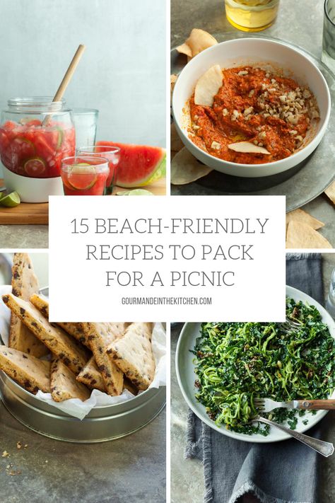 15 Beach-Friendly Recipes to Pack for a Picnic - From drinks to dessert, with fresh wraps and hearty salads in between, these paleo and vegan picnic recipes are easy to pack up and bring to the beach. #beach #picnic #paleo #vegan #recipes Beach Picnic Snacks, Beach Picnic Menu Ideas, Paleo Picnic Food, Beach Picnic Dinner Ideas, Homemade Picnic Food, Vegan Beach Food Ideas, Packed Picnic Lunch Ideas, Elevated Picnic Food, Paleo Picnic Food Ideas