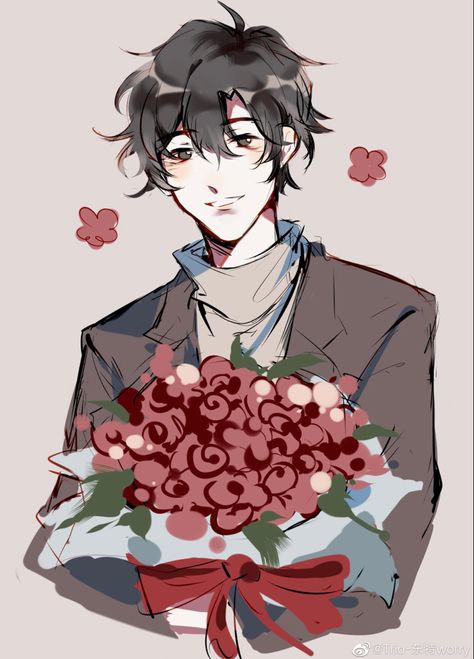 Anime Guy Holding Flowers, Guy Holding Flowers Drawing, Holding Flowers Pose Reference Drawing, Guy Holding Flowers, April Flower, Present Drawing, Drawing Poses Male, Flower Bouquet Drawing, Action Poses Drawing